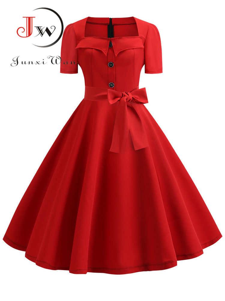 Women'S Red Formal Wear - 女性のためのレトロなヴィンテージサマードレス,カジュアルな赤いパーティードレス,50年代と60年代