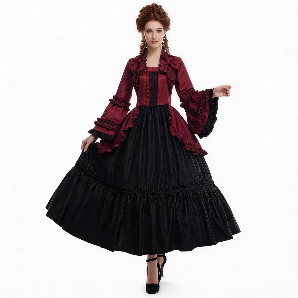 Formal Dress - 中世風のフレア袖ドレス、ヴィクトリア朝風のパーティー用フォーマルガウン、ルネサンス様式のゴシック調、花柄のフリル ‌ コート風のヴィンテージドレス、ハロウィーンの仮装衣装