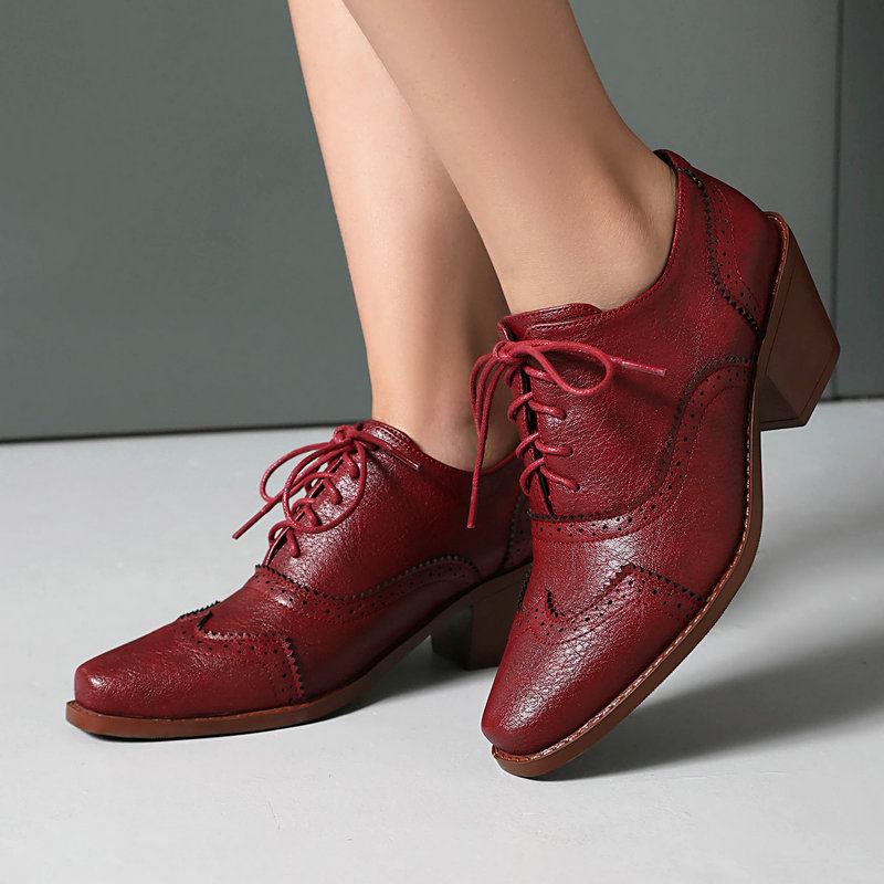 Pump Heel Block - レディースオックスフォードシューズ ポイントトゥ ウェッジパンプ バーガンディレザー レースアップ ブローグ