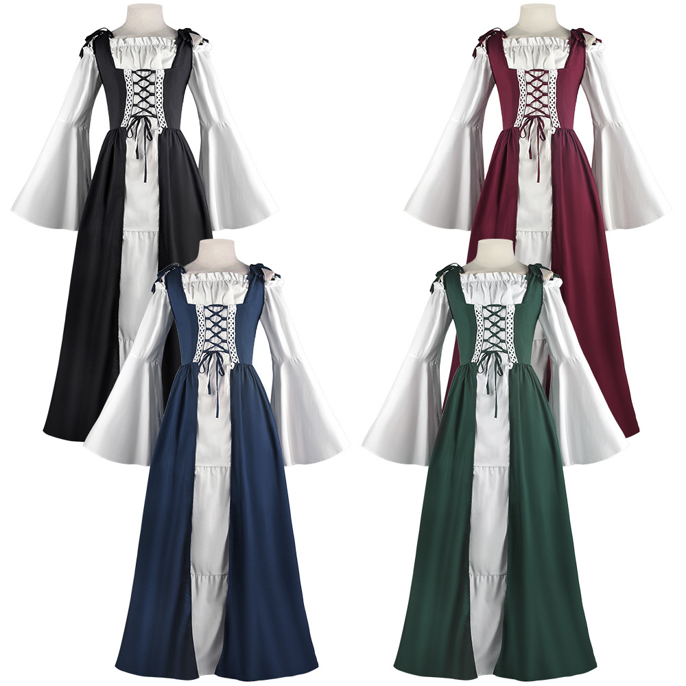 Lace Dress - 中世風スチームパンク・レースアップドレス、ルネサンス様式のレトロな宮廷風ツーピース、中世の舞台パフォーマンスやハロウィーンの衣装に。