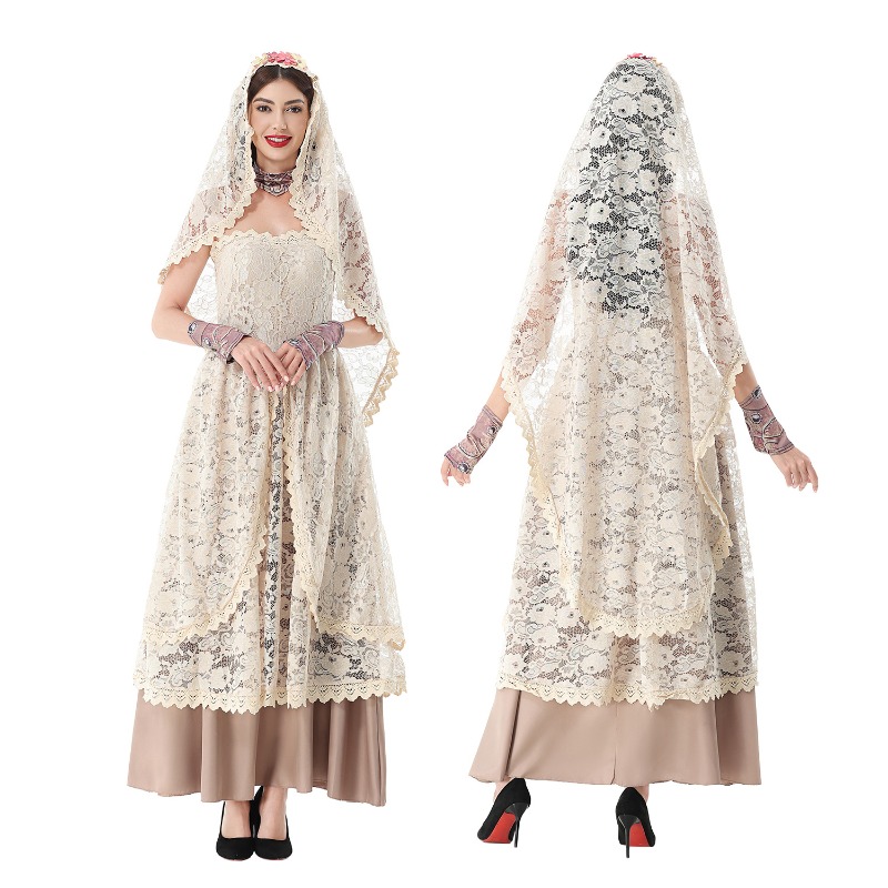 Wedding Dress - レースのベールが付いた、ストラップレスのフローラル柄ロングガウン。ハロウィーン、結婚式、テーマパーティー、大人向けのコスチュームに最適な、ヴィンテージ風のレースマキシドレス。