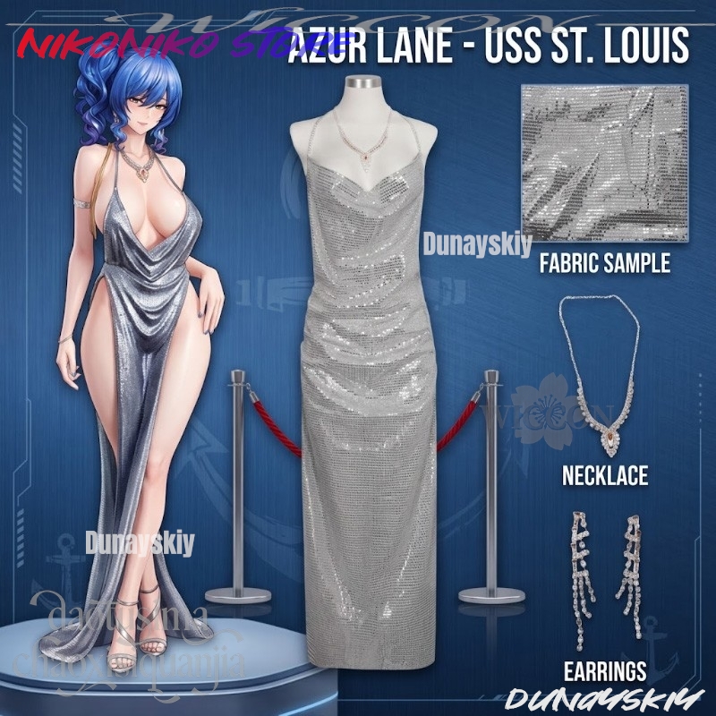 Evening Gown - アニメゲームアズールレーンコスプレ USS セントルイススパンコールイブニングドレスセクシーなロングドレススパゲッティストラップウエストシンチングドレスウィッグ 코스프레