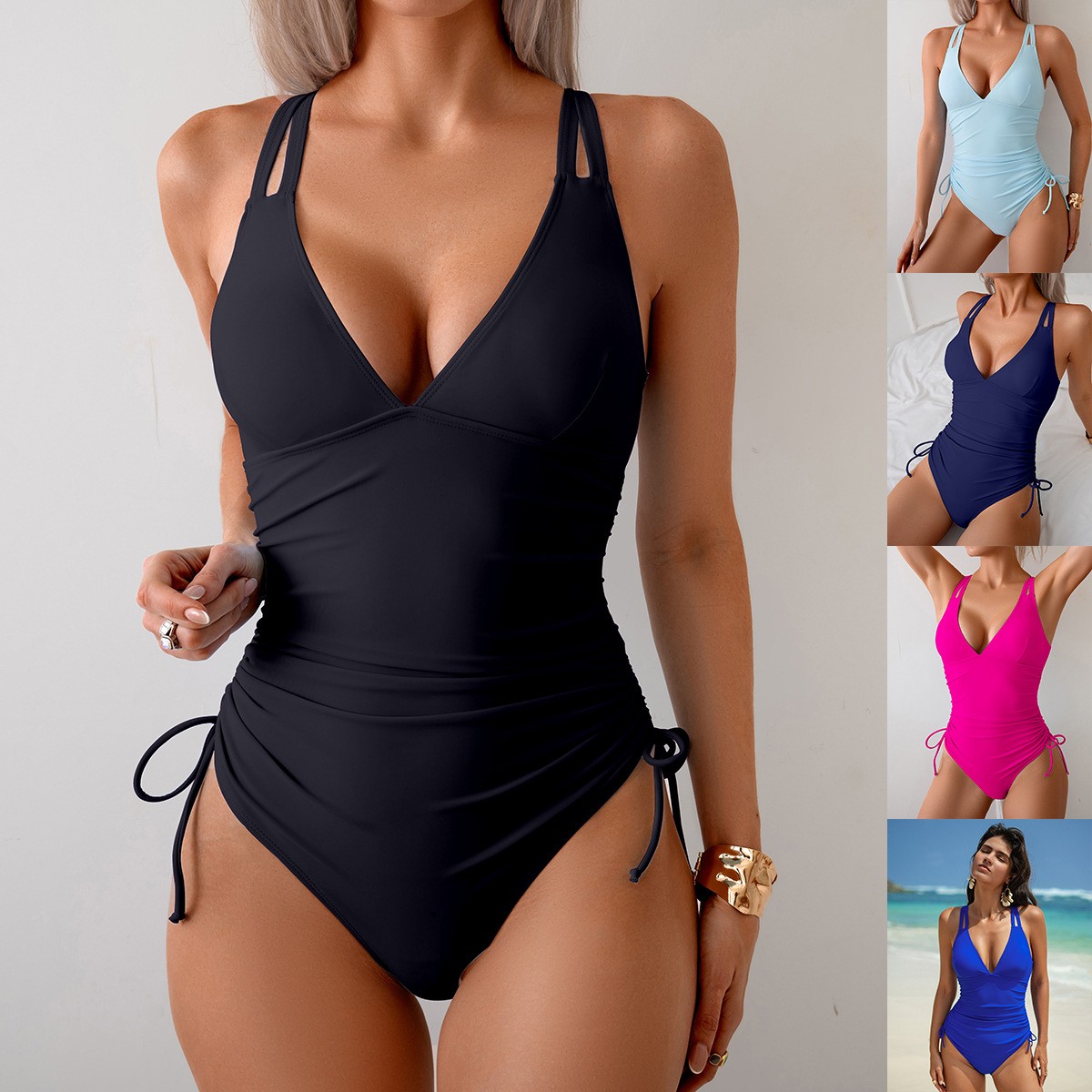 Womens Suit - ソリッドブラックのVネックワンピース水着、ウエストにギャザー入り、ホルターストラップ、ハイカットレッグ、ノースリーブ、ソリッドピンクの水着