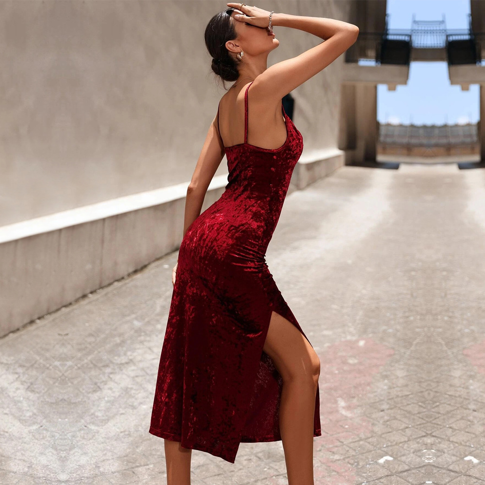 女性用秋冬セクシーエレガントボタンベルベットホルターネックド - Midi Dress のレビューと価格