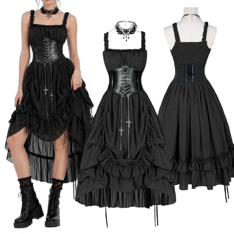 女性ゴシックドレスコルセットスリップブラックパンクロリータ不 - Midi Dress のレビューと価格