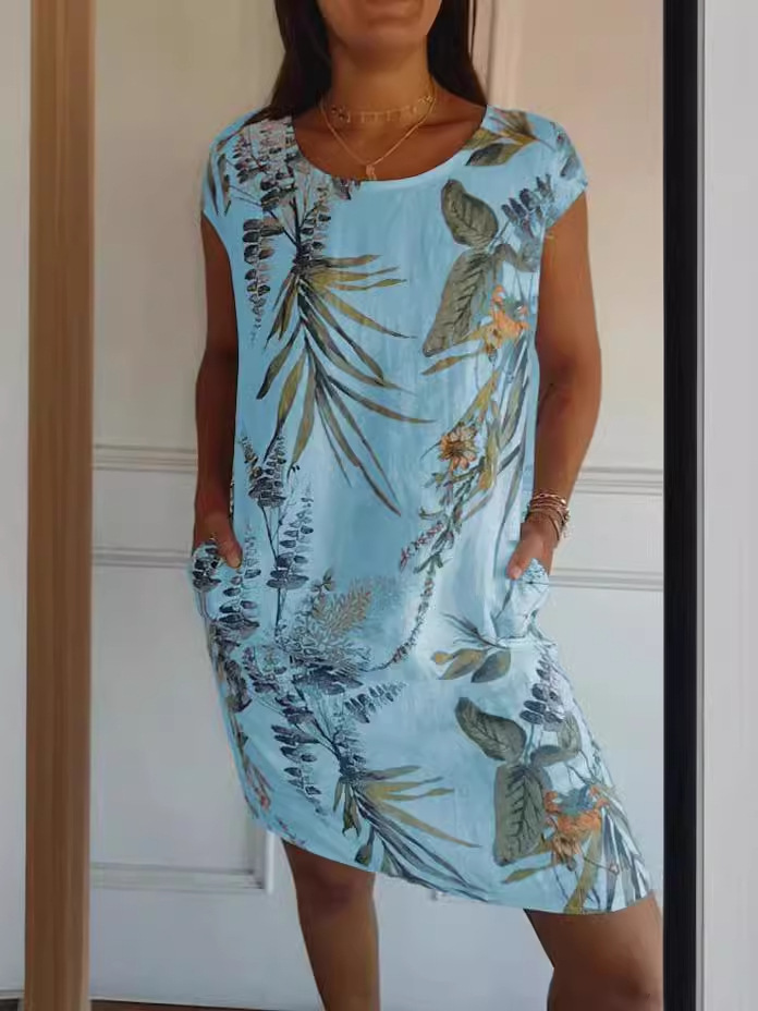 女性用、夏、コットンリネン素材、ラウンドネック、キャップスリ - Midi Dress のレビューと価格