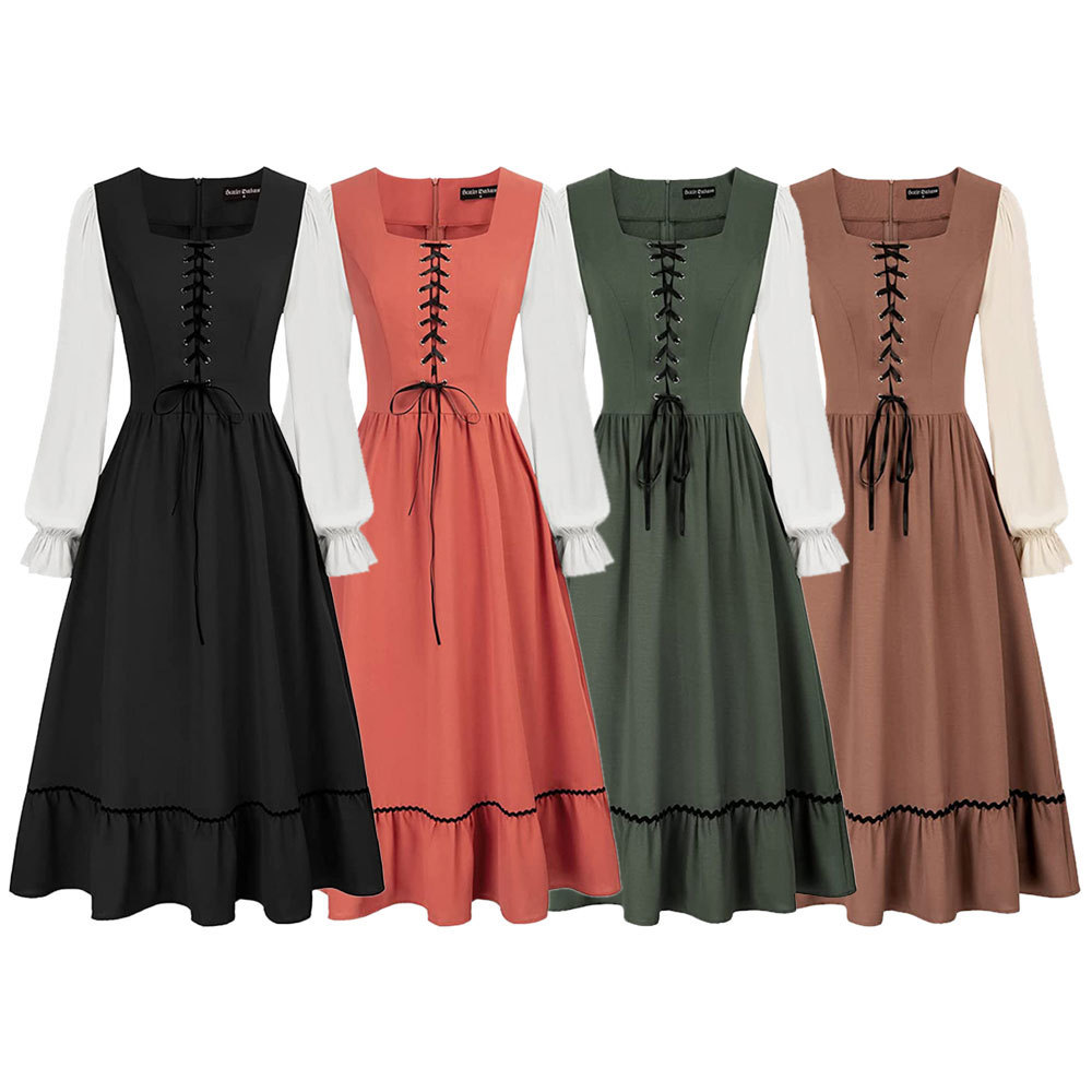 女性用ヴィンテージコート中世ミディタイソリッドカラーネックA - Midi Dress のレビューと価格
